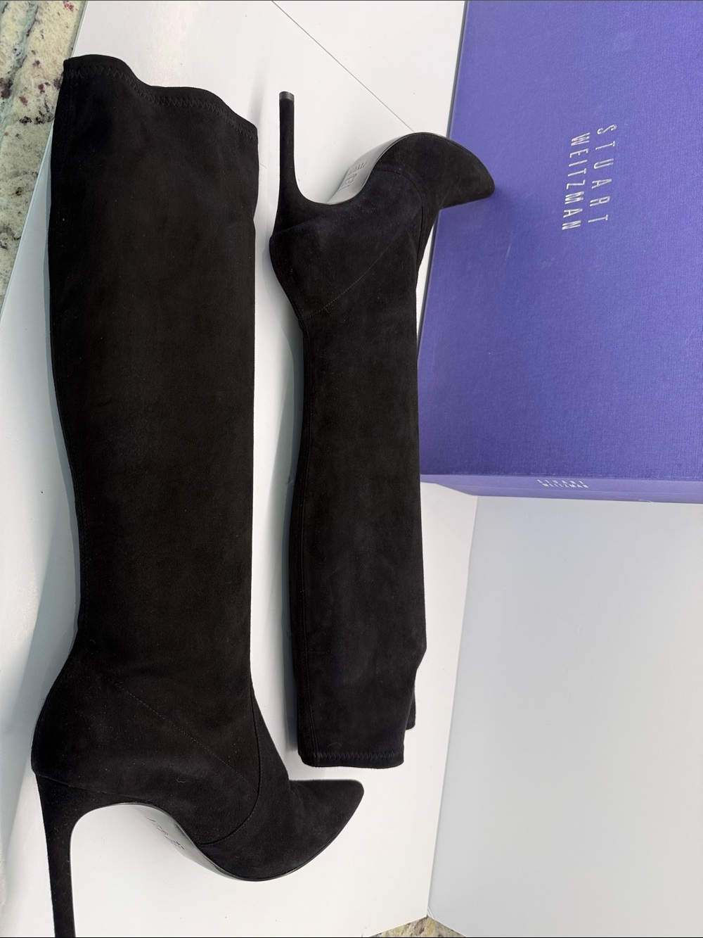 Stuart Weitzman Tall Black Suede Over-the-Knee Pointed-Toe Boots - Picture 3 of 8